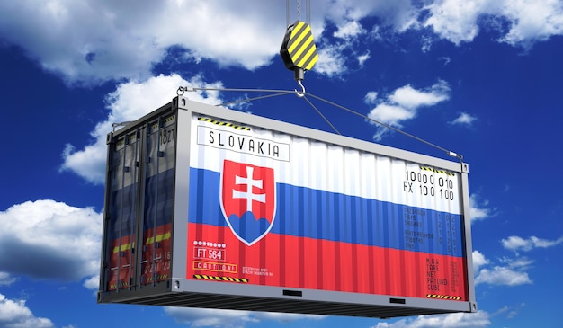 Freight shipping container with national flag of Slovakia hanging on crane hook 3D illustration