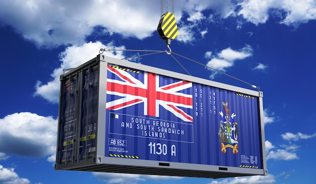 Freight shipping container with national flag of South Georgia and South Sandwich Islands hanging on crane hook 3D illustration