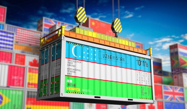 Freight shipping container with national flag of Uzbekistan 3D illustration