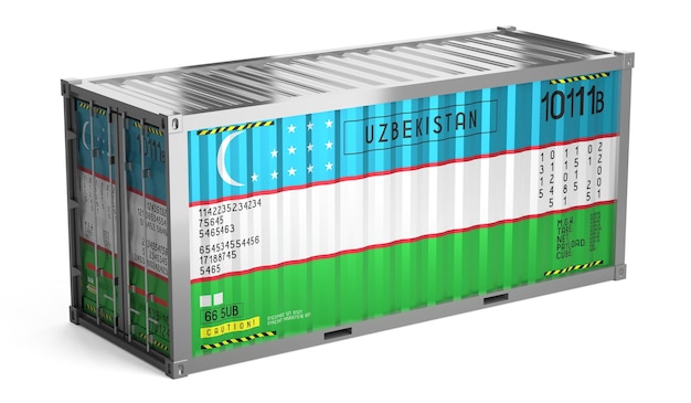 Freight shipping container with national flag of Uzbekistan on white background 3D illustration