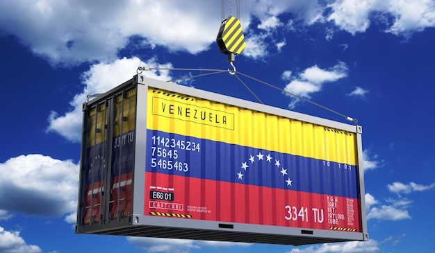 Freight shipping container with national flag of Venezuela hanging on crane hook 3D illustration