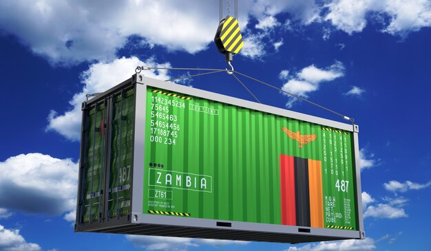 Freight shipping container with national flag of Zambia hanging on crane hook 3D illustration