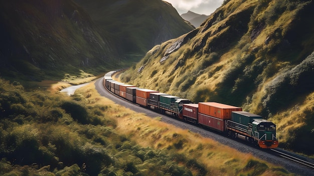 Freight train on a scenic landscape shipping large containers Generative AI