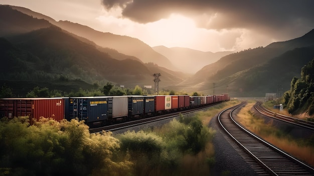 風光明媚な風景の中を走る大型コンテナを輸送する貨物列車 ジェネレーティブ AI
