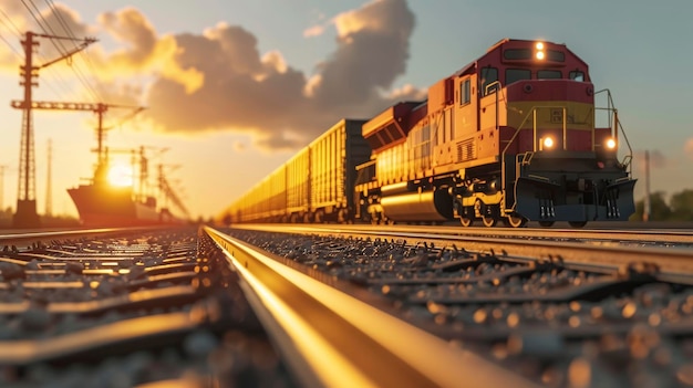 Freight train at sunset on railway