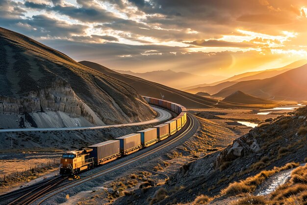 A freight train traverses a remote mountain pass its cargo containers casting shadows under a golden