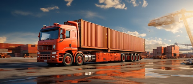 貨物輸送 港でコンテナを積んだ貨物トラック