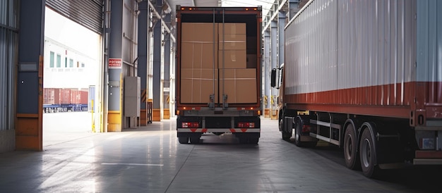 Freight truck transporting boxes at dock warehouse