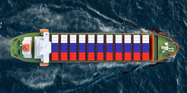 海洋 3D レンダリングで航行するロシアの貨物コンテナを搭載した貨物船