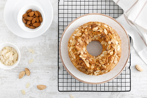 French almond cake with nuts Top view overhead