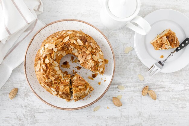 French almond cake with nuts Top view overhead