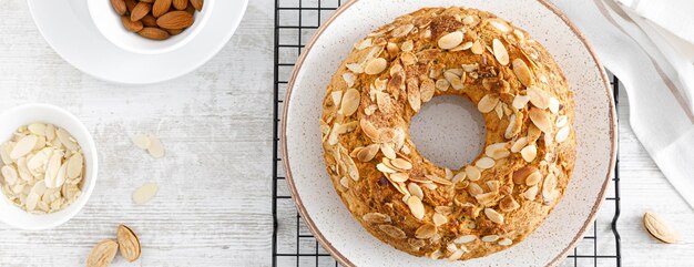 French almond cake with nuts Top view overhead