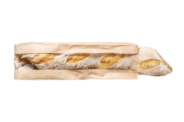 Фото Французский багет в бумажном пакете, изолированный на белом фоне.