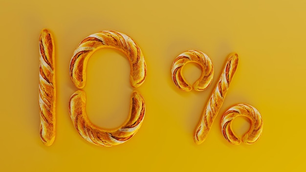 french baguettes forme ten percent sign on yellow background special offer concept
