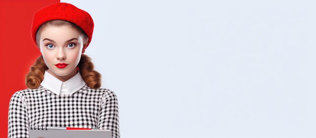 French beret wearing teen girl taking notes in planner studying isolated poster of studious schoolgirl banner portrait