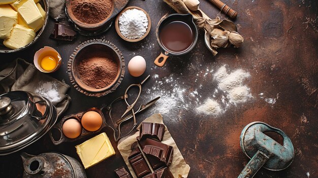 Foto french bistro souffl au chocolat ingredienti su superficie d'argento