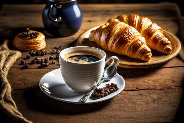 French breakfast with coffee and fresh croissants on wooden table