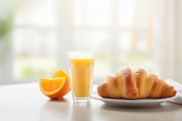 French breakfast with croissant orange juice on white table copy space ai generative