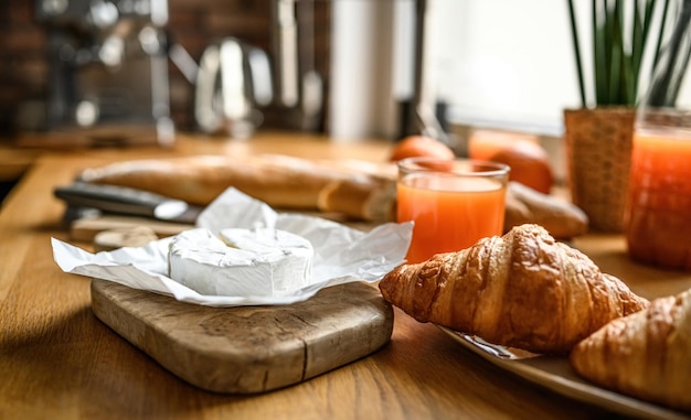 French breakfast with croissants and brie cheese at sunny kitchen