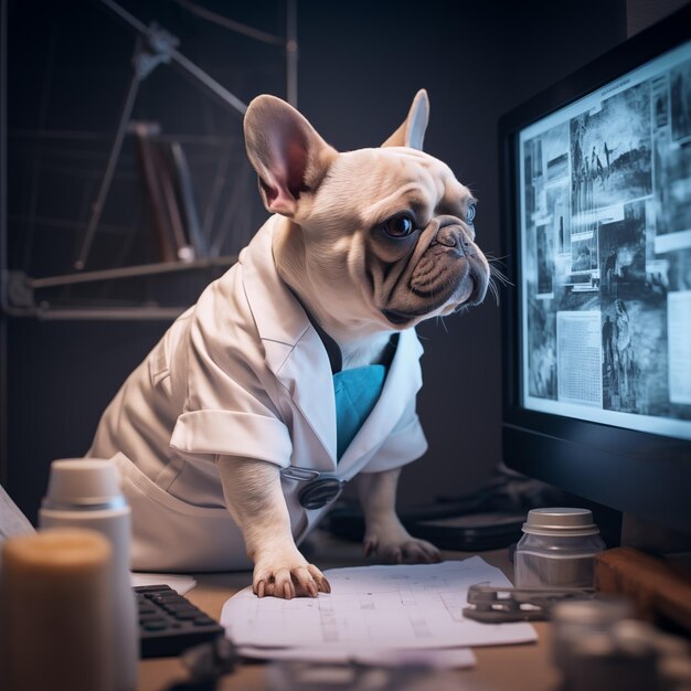 French bull dog in costume in the scientist laboratory