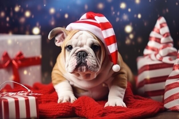 背景にたくさんのライトが付いた赤いクリスマス帽子をかぶったフレンチ ブル犬 生成 AI