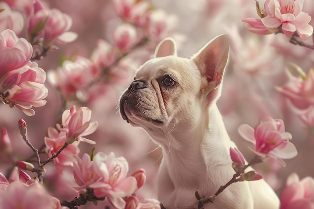 フレンチブルドッグ ピンクの花の中に 春の花をかせたペットの肖像画 犬