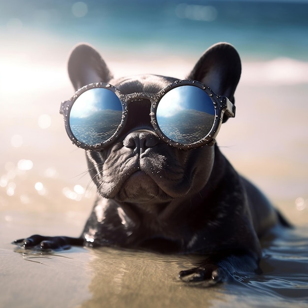 French bulldog on the beach with sunglasses