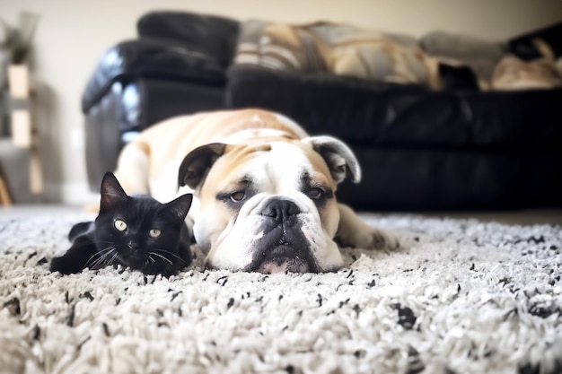 A French bulldog and a black kitten lie together on a white carpet in a room near the sofa