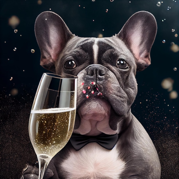 French Bulldog celebrating New Years Eve with a glassGenerative ai