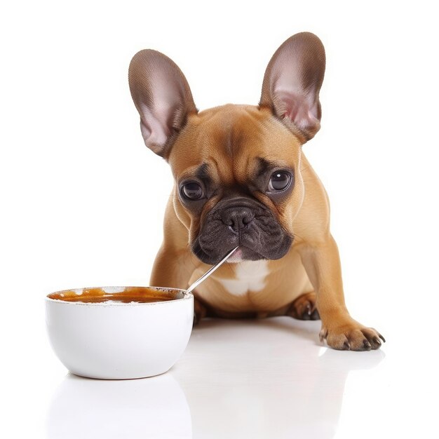 Foto lo chef bulldog francese assapora la zuppa