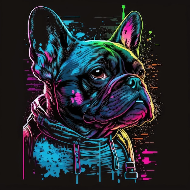 French Bulldog Dog 80s Synthwave Detailed TShirt Vector Art with Vivid Colors Generative AI