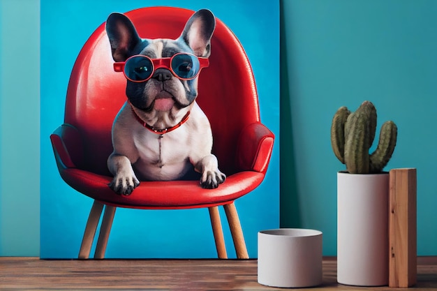 French bulldog dog in round sunglasses sits on a red chair on a blue background Generate Ai