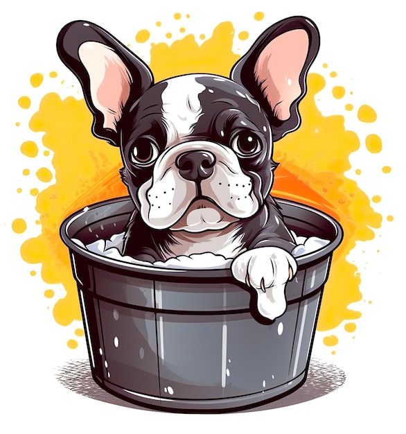 French bulldog Dog taking bath on a metallic bucket isolated on white background Cartoon