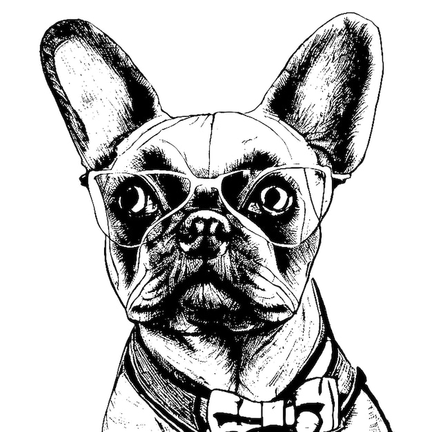 French Bulldog Dog wear a glasses line drawing black and white cartoon