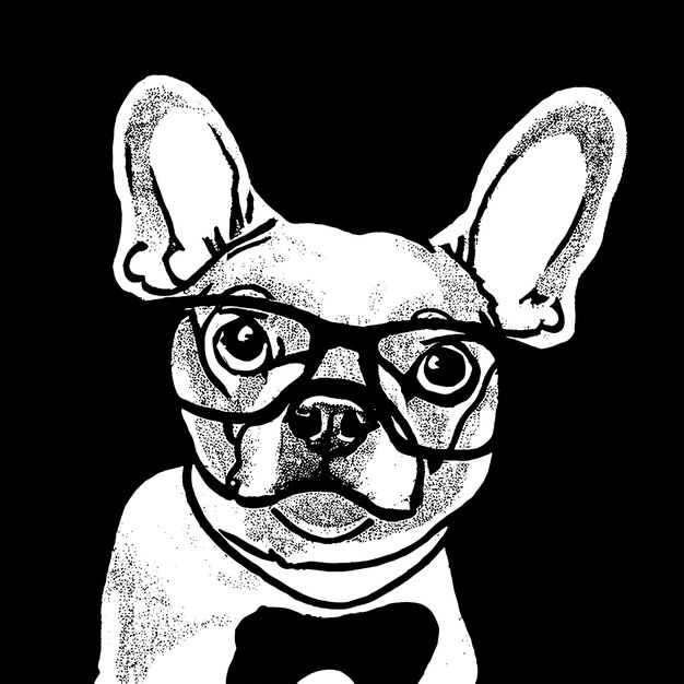 French Bulldog Dog wear a glasses line drawing black and white cartoon