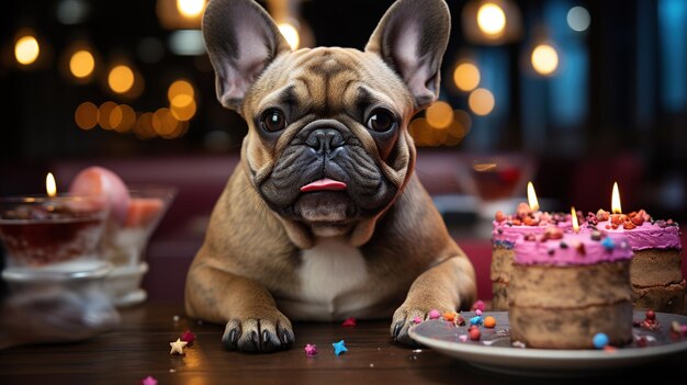 French Bulldog dog with party hat in front of birthday cake