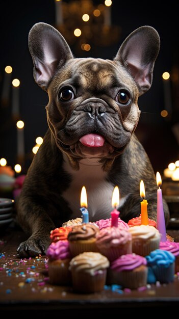 Cane sveglio che si siede davanti ad una torta con la retro