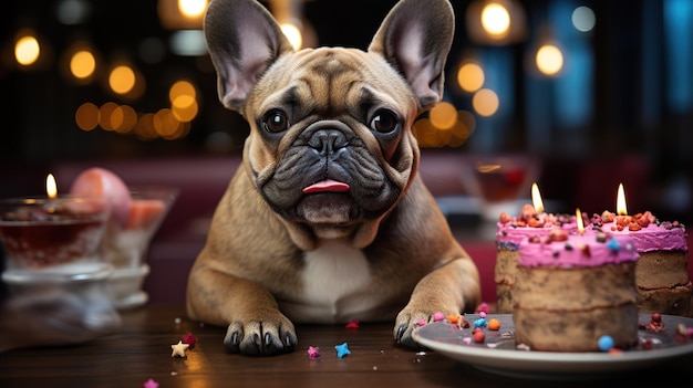 Фото Собака французского бульдога в праздничной шляпе перед именинным тортом