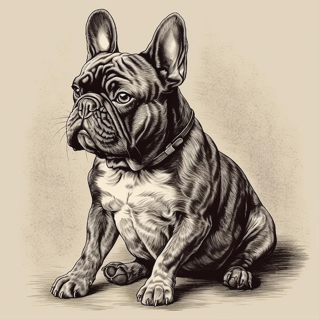 French bulldog engaving style closeup portrait black and white drawing cute dog