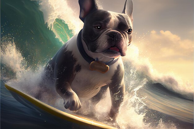 French bulldog floating on a surfboard in the waves