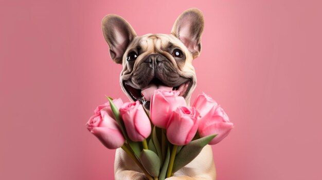 A french bulldog holding a bunch of pink flowers