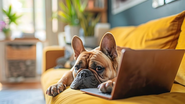 A French Bulldog is lying on a yellow couch and looking at the camera The dog is brown and white and it has a very expressive face