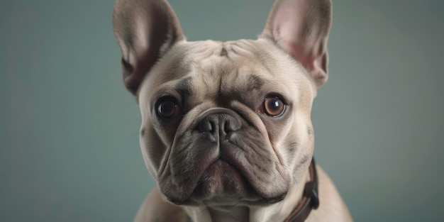 A french bulldog is shown with a black collar.