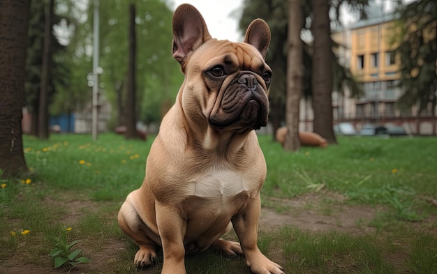 Foto bulldog francese è seduto sull'erba nel parco professionale pubblicità post foto ai generato