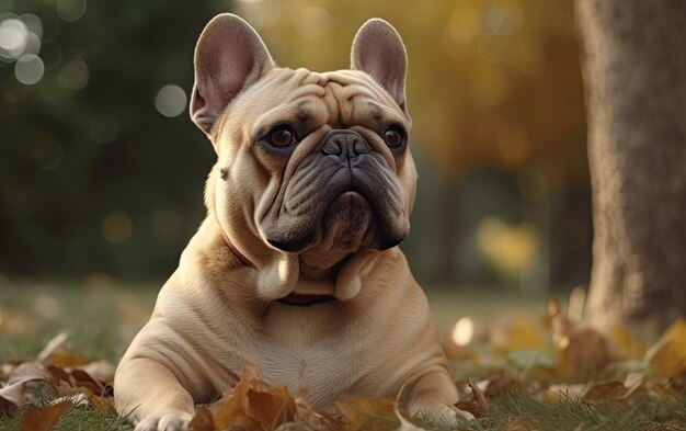 Photo french bulldog is sitting on the grass in the park professional advertising post photo ai generated