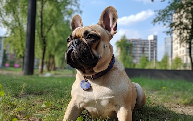 Photo french bulldog is sitting on the grass in the park professional advertising post photo ai generated