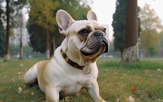 Foto bulldog francese è seduto sull'erba nel parco professionale pubblicità post foto ai generato