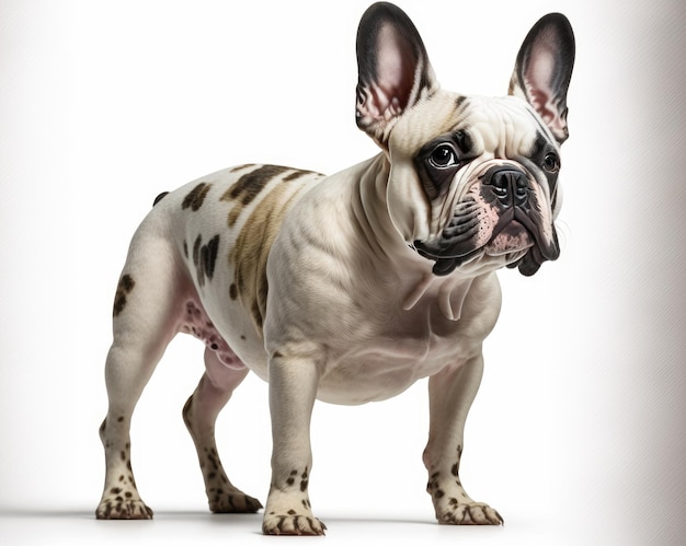 A french bulldog is standing in front of a white background.