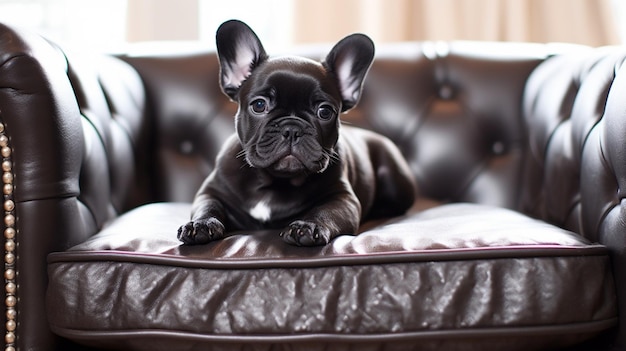 A french bulldog on a leather couch