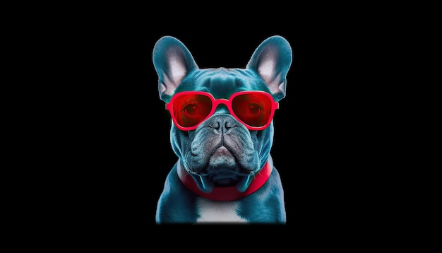 The french bulldog looks at the camera with love heart glasses